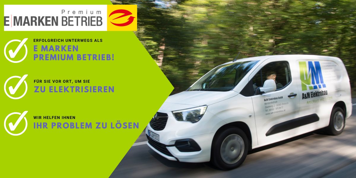 Firmenwagen der A&M Elektrobau. E-Marken Premium Betrieb: Erfolgreich unterwegs als E-Marken Premium Betrieb – für Sie vor Ort, um Sie zu elektrisieren – wir helfen Ihnen, Ihr Problem zu lösen.