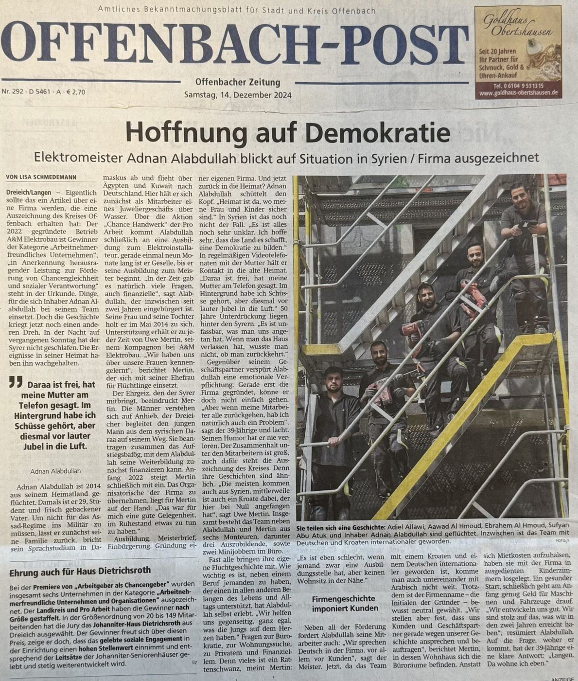 Zeitungsartikel der Offenbach-Post über die Auszeichnung